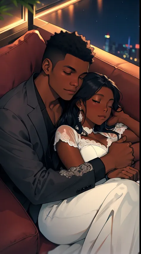 1 handsome black man watched one pretty black woman who’s asleep in his lap, ((( lying sprawled on a large, black long couch))) relaxed, romantic, comfy clothing, night time, heads close together, eyes closed, cute, beautiful couple, cuddling, peaceful, vi...