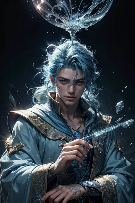 handsome,blue haired mage man,handsome detailed face,detailed jawline,piercing blue eyes,flowing blue hair,wavy hairstyle,magic tattoo on his arm,wearing a flowing blue cloak and a wizard hat,holding a staff with a water crystal on top,water flowing around...