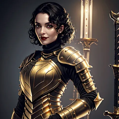 1girl, female, turtleneck, ((armor, knight, gold armor)), smirking, black curly hair, short hair, standing, chestpiece, black flower, gothic, makeup, red lipstick, pale grey skin, chainmail, three quarters closeup, sword in hand, runway pose