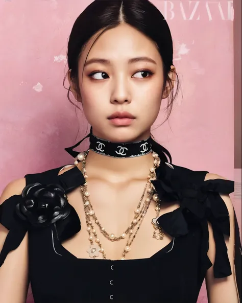 um close up de uma mulher usando um vestido preto e um colar, jennie blackpink, jossi do blackpink, tzuyu de duas vezes, Parque Roseanne do Blackpink, usando gargantilha, Retrato de Jossi de Blackpink, Modelo de moda feminina coreana, jisoo do blackpink, J...