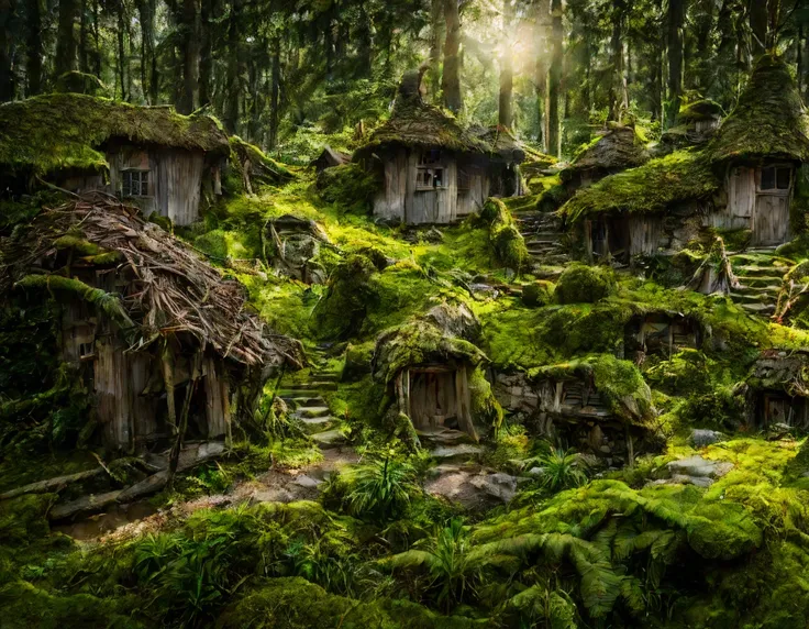 Among the dense thickets of a mossy forest hides an amazing fairy-tale village of fairies., fairy fairies live in this village in magical houses, the view reveals to us the magical life of fairies near their houses, fairies do magical and mundane things, t...