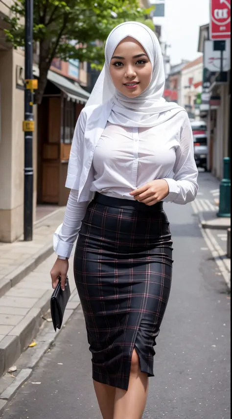 RAW, Best quality, high resolution, masterpiece: 1.3, beautiful Malay woman in hijab,big breast, Close up),beutiful face, perfect body, big gorgeous eyes, smiling,wearing woman in a plaid shirt turkneck and long black skirt walking down a street, hijab, lo...