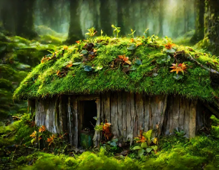 Among the dense thickets of a mossy forest hides an amazing fairy-tale village of fairies., fairy fairies live in this village in magical houses, the view reveals to us the magical life of fairies near their houses, fairies do magical and mundane things, t...