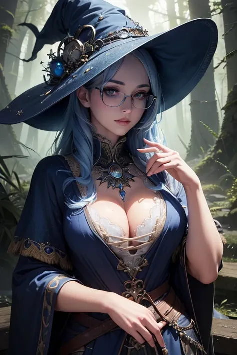 (best quality,highres,masterpiece:1.2),ultra-detailed,(realistic:1.37),(HDR),sexy,blue haired girl with glasses,beautiful detailed eyes,beautiful detailed lips,extremely detailed eyes and face,long eyelashes,witch hat and robe,fantasy landscape,enchanted f...