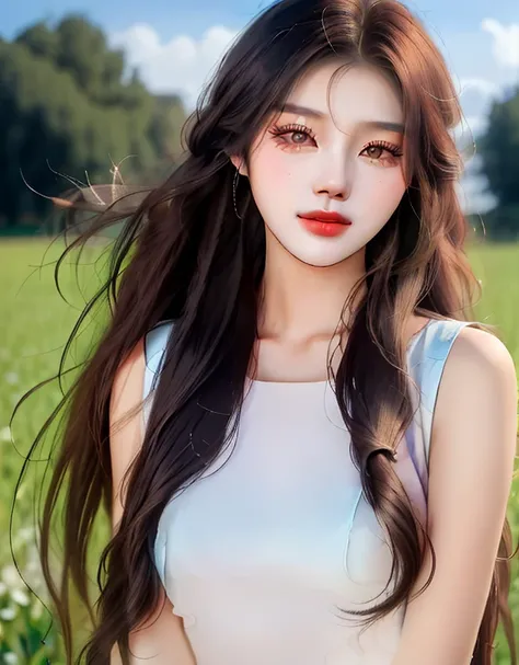 a close up of a woman with long hair standing in a field, beautiful south korean woman, asian girl with long hair, beautiful young korean woman, gorgeous young korean woman, korean girl, with long hair, gorgeous chinese model, with long hair and piercing e...