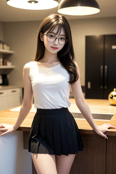 Design the scene，lassen&#39;Interact with your beloved big cats, Very large fluffy white Persian cat, such a cute girl，Have a beautiful and petite figure, Beginners wear small pure cotton pleated skirt, wears glasses, Round glasses, very long golden brown ...