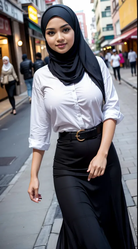 RAW, Best quality, high resolution, masterpiece: 1.3, beautiful Malay woman in hijab,big breast, Close up),beutiful face, perfect body, big gorgeous eyes, smiling,wearing woman in a plaid shirt turkneck and long black skirt walking down a street, hijab, lo...