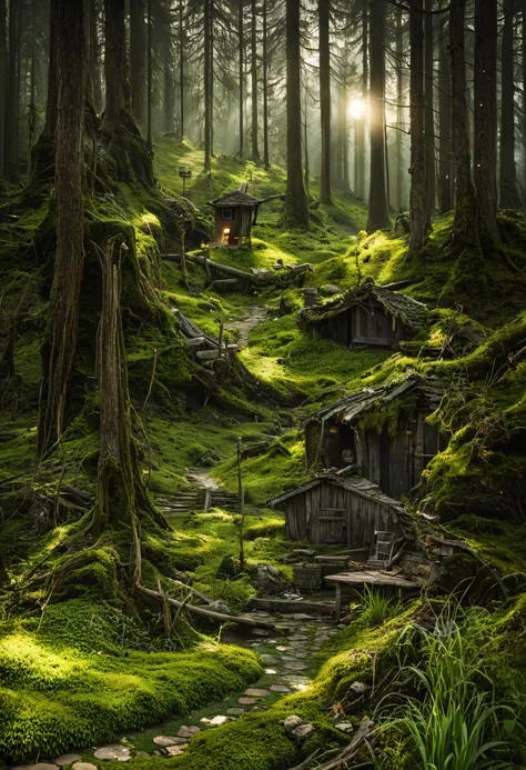 Among the dense thickets of a mossy forest hides an amazing fairy-tale village of fairies..., (Fairies) live in this village in magical houses, the view reveals to us (magical life of fairies) (near their houses), (fairies do magical and mundane things), (...