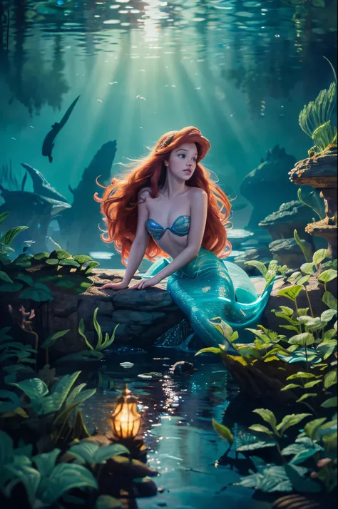 (masterpiece:1.4), (best quality:1.4), extremely detailed, intricate, hyper-detailed, illustration, soft lighting, Disney Princess Little Mermaid watching over her water empire on a moonlit night ,Prinsess totally naked, masterpiece, art work. (perfect_fac...