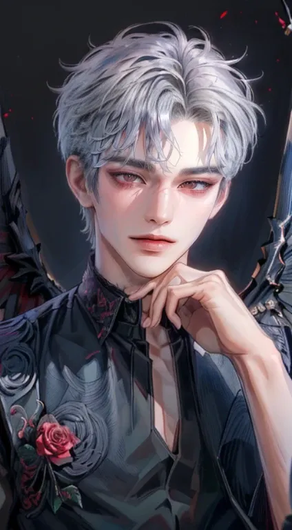 ((4K Portfolio))、master-piece、（最高品質)、((High image quality))、((A beautiful fallen angel man.))、Slim body、((Black Vampire Y-Shirt Fashion))、(detailed beautiful eyes)、((Black rose and crow on a wonderful black background.))、Inside the evil castle、((The face r...