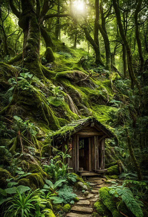 Among the dense thickets of a mossy forest hides an amazing fairy-tale village of fairies..., (Fairies) live in this village in magical houses, the view reveals to us (magical life of fairies) (near their houses), (fairies do magical and mundane things), (...