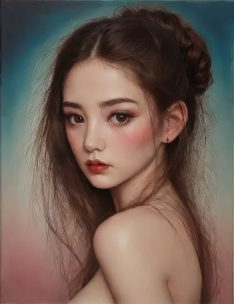 pintura de una mujer fea con las cejas muy gordas y peludas, estilo Mark Ryden, desnuda