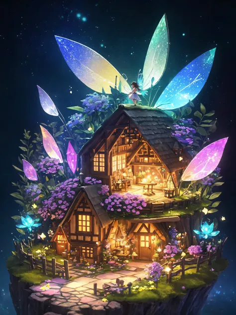 ((Superior quality,UHD,Masterpeice)), little flowers, fairy core aesthetic little fairy village, ink drip, glimmer, bokeh, prism lighting, light particles, magical glow, denoised