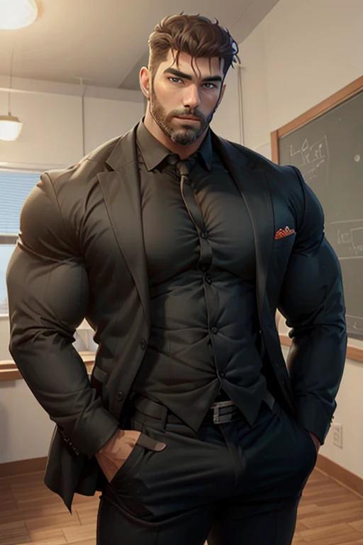 portrait, Hot teacher, tight shirt, tight pant, formal wear, muscular, beefy, beard, cute, full body, well built, unbuttoning shirt, hairy chest, hairy arms, intricate details, classroom