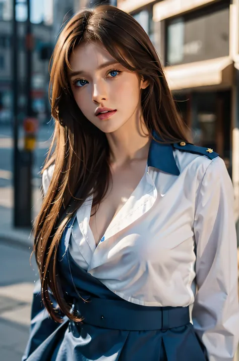 girl, brown hair, long hair, messy hair, white, big chest, blue eyes, police uniform, city, ultrasharp, 8K, masterpiece, half body