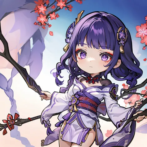 Chibi, masterpiece, purple hair, purple eyes, red eye shadow, hair ornament, cute, raiden shogun