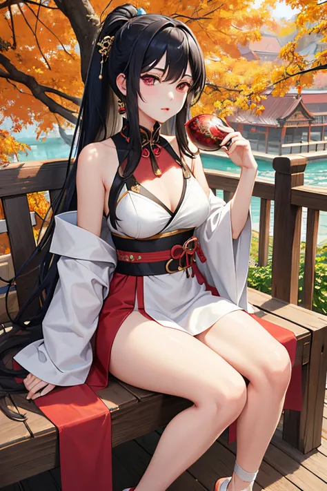 (1 female)，Full body view，white skin，full bodyesbian, black hair, long hair, wavy hair,ponytail red eyes, nedium breasteautifullegs，sandals， are worn,sit on the chair, Disturbed armor:1.2, torn hakama，Perfect five fingereautiful breasts, Top resolution、top...