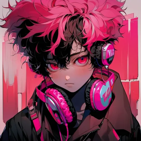 (two-block hair), (vivid pink hair), (headphones), (male character), (red eyes), (cool)