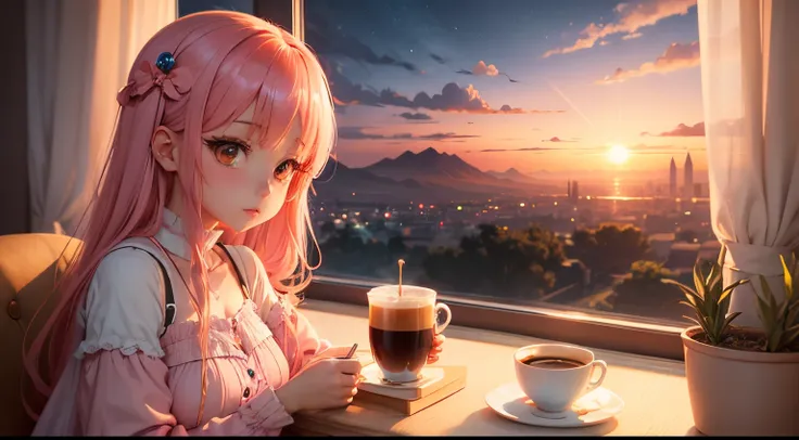 "Dreamy Dusk Delight": Anime girl and cup of coffee in a dreamy dusk landscape with warm pinks and oranges.