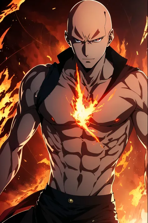 "Get lost in the mesmerizing gaze of Saitamas piercing red eyes as he effortlessly controls the element of fire with his relaxed and handsome demeanor."