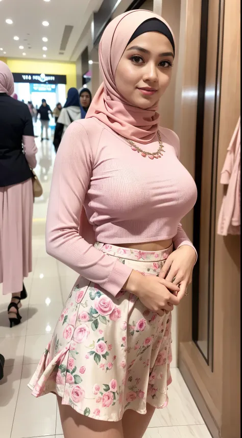 RAW, Best quality, high resolution, masterpiece: 1.3), beautiful Malay woman in hijab,Masterpiece, perfect fit body, Huge breast, big gorgeous eyes, Soft smile,woman in a pink top and floral skirt standing in a mall, feminine in cute pastel shades, feminin...