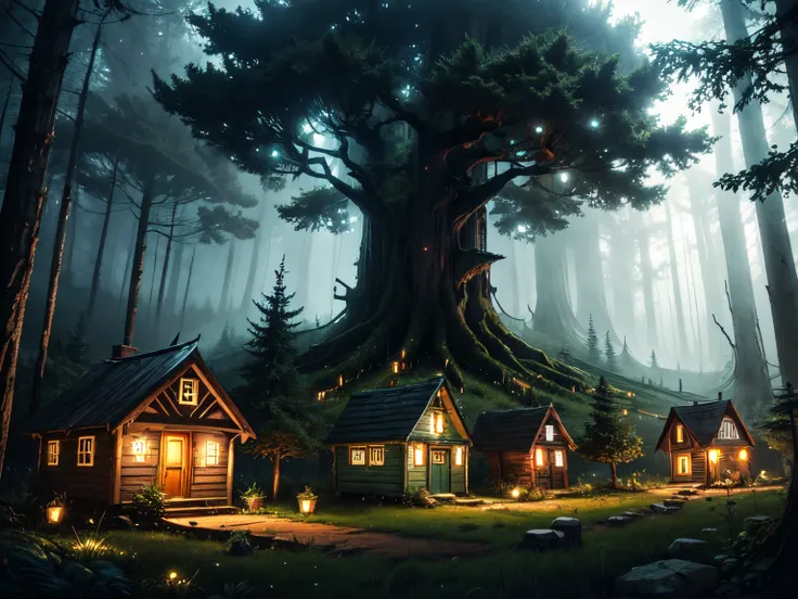 detailed, (masterpiece:1.2), (magical), (forest), dark, (glowing:1.3), atmospheric, (settlement), (sprite:1.3), (small houses:1.3), (giant_trees), (town:1.3)