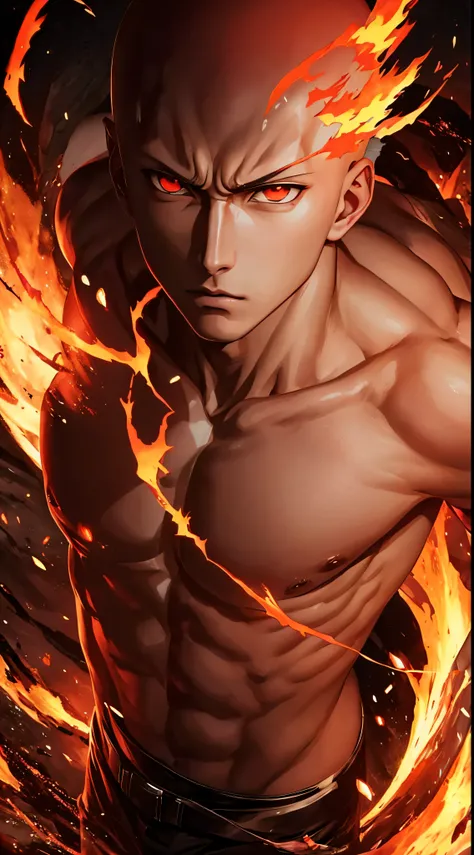 "Get lost in the mesmerizing gaze of Saitamas piercing red eyes as he effortlessly controls the element of fire with his relaxed and handsome demeanor."