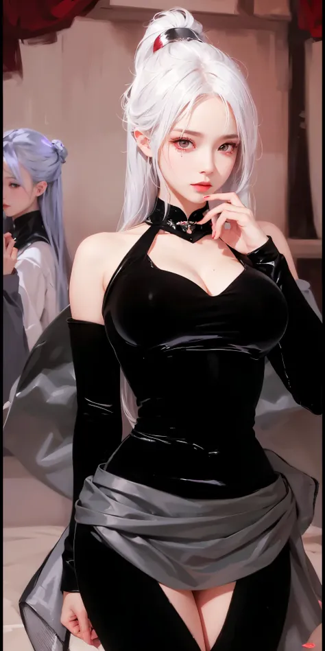 1girl, huge breast, silver hair,red eyes, high quality, ultra detailed, masterpiece, realistic