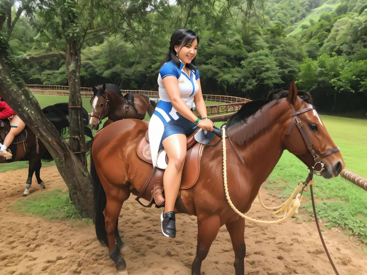 tem uma brasileira, com pele branca, andar a cavalo com sela, andar a cavalo, andar a cavalo, andar a cavalo, 👰 🏇 ❌ 🍃, em um cavalo, com um cavalo conduzido, foto de perfil, montado em um cavalo prancing, Divirta-se,