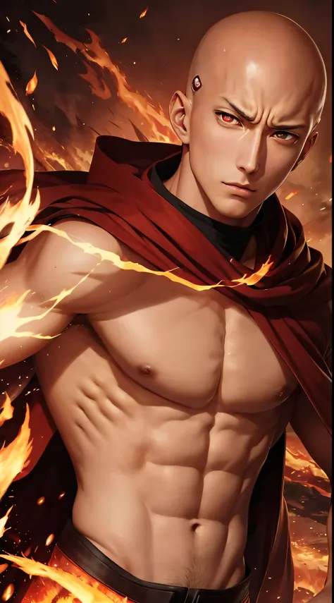 "Get lost in the mesmerizing gaze of Saitamas piercing red eyes as he effortlessly controls the element of fire with his relaxed and handsome demeanor."