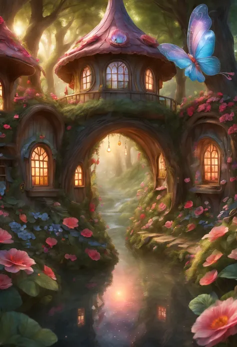 (best quality,4k,8k,highres,masterpiece:1.2),ultra-detailed,(realistic,photorealistic,photo-realistic:1.37),vibrant colors,enchanted atmosphere,a gorgeous fairy village,sparkling fairy lights,whimsical and dreamy setting,magical creatures and fairies,beaut...