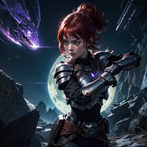 master piece, 8k, ultra detailed, anime, girl, short hair, red hair, green eyes, serious and courageous face, black obsidian armor with purple sapphire jewels, punching position, purple power fist, Gran Canyon scenario.