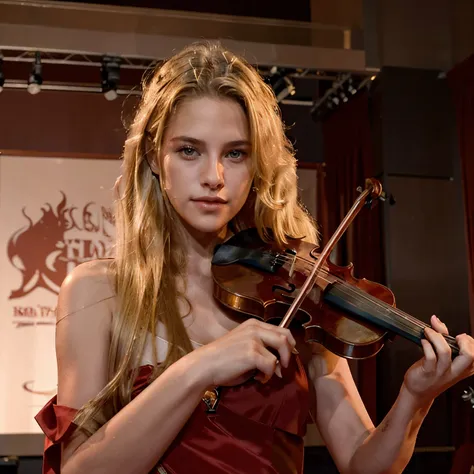 female supermodel plays a violin on stage in a red evening gown. blonde, matte, shoulder-length hair, fair skin tone.