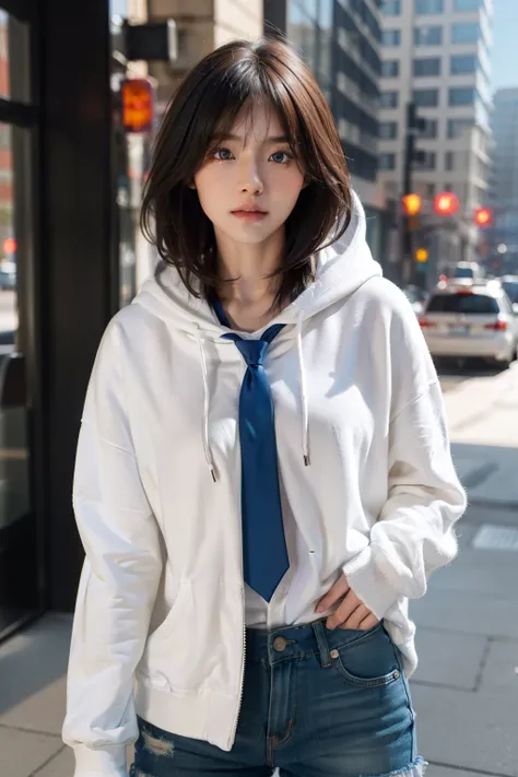 girl, messy hair, wolf cut hair, long hair, white skin, blue eyes, sexy,  hoodie, short pants, neck tie, big chest, city, 8k, masterpice, super render