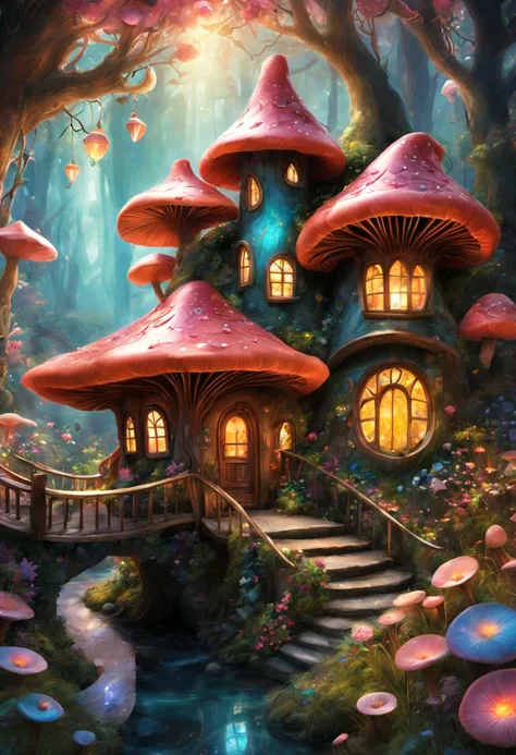 (gorgeous,enchanted,beautiful:1.1,fantastic:1.2,whimsical), fairy village, [colorful lighting], (imagination), [mystical], [drea...