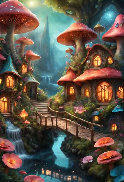 (gorgeous,enchanted,beautiful:1.1,fantastic:1.2,whimsical), fairy village, [colorful lighting], (imagination), [mystical], [drea...