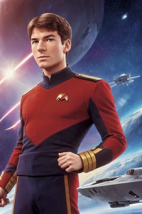 ((masterpiece)), ((best quality)), ((18 year old 1.4)) ((jean-luc picard age 18 years old 1.4)), ((Patrick stewart deaged to age 18 1.4)) ((age 18 still a boy 1.4)) , eyes brown, ((hair light brown)), fit build, Wearing red 24th century starfleet uniform, ...