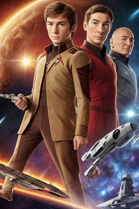 ((masterpiece)), ((best quality)), ((18 year old 1.4)) ((jean-luc picard age 18 years old 1.4)), ((Patrick stewart deaged to age 18 1.4)) ((age 18 still a boy 1.4)) , eyes brown, ((hair light brown)), fit build, Wearing red 24th century starfleet uniform, ...