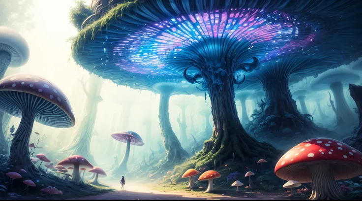 "Magical encounter, young girl exploring, gigantic mushroom, ethereal butterflies, misty wonderland, enchanting