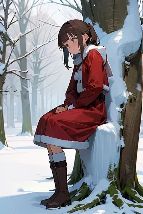 Christmas girl, boots, leaning on a tree trunk in the snow, alone, with a sad expression