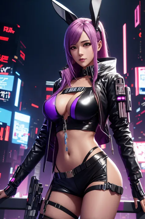 arafed woman in bunny ears and leather outfit posing in front of a city, oppai cyberpunk, female cyberpunk anime girl, cyberpunk anime girl, digital cyberpunk anime art, cyberpunk 2 0 y. o model girl, 3 d render character art 8 k, digital cyberpunk - anime...