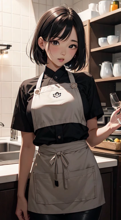 japaness girl,black, short messy hair, tight pants, apron, hand behind back , look at camera, parted lips, big cheats, teats slightly embossing, drunk face, a mole under lip