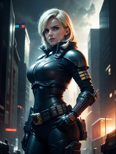 Helen Skelton as Judge Dredd, dramatic lighting from police strobes, authentic Judge Dredd uniform, standing, hand on hip, futuristic city behind, night,