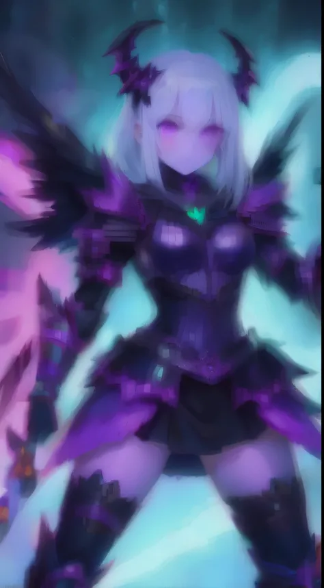 purple and black demonic creature with a glowing face and purple wings, dark sorceress full view, Purple luminous core in armor, clothed in ethereal battle armor, clothed in ethereal armor, Purple armor, corrupted armor, fuchsia skin under armor, Intricate...