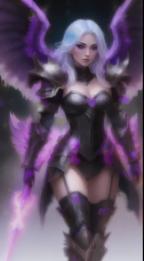 purple and black demonic creature with a glowing face and purple wings, dark sorceress full view, Purple luminous core in armor, clothed in ethereal battle armor, clothed in ethereal armor, Purple armor, corrupted armor, Fuchsia leather under armor, Intric...