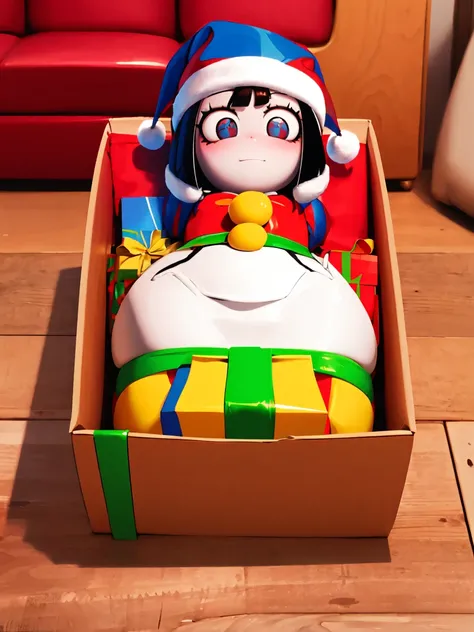 (master piece: 1.1), (pomni), (a close up of a girl inside a christmas box gift), detailed face, happy, ((fear)), blush, lying down, side view BREAK colored eyes, red and blue eyes, detailed eyes, pale skin, high detailed face BREAK bondage, inside the box...