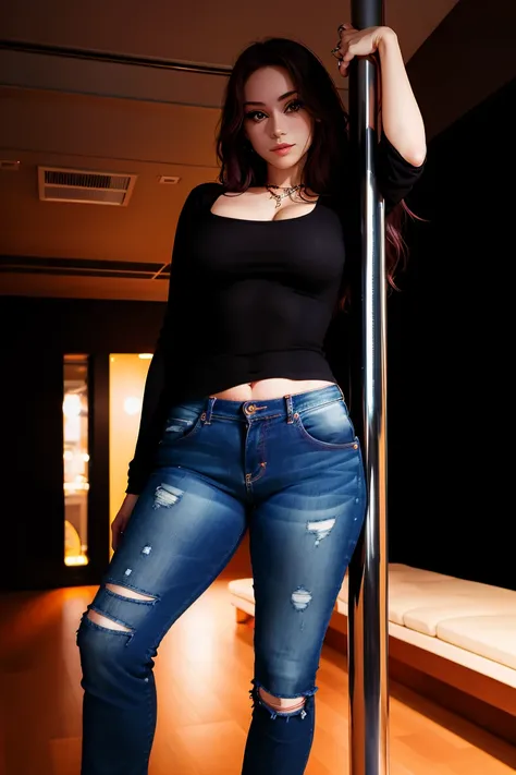 photo of beautiful woman, photorealistic, absurdres, black shirt, jeans, posing in the club on stripper pole, detailed clothing, model, wind, best quality, blur background,