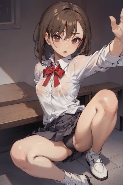 Very detailed CG unified 8k wallpaper, tmasterpiece， Best quality at best， misaka_mikoto， Brown eyes， looking at viewert， 独奏， short_hair， opened_mouth， collared_shirt， looking_at_viewer，(watered school_uniform：1.5)， see-through shirts， white_shirt， small_b...