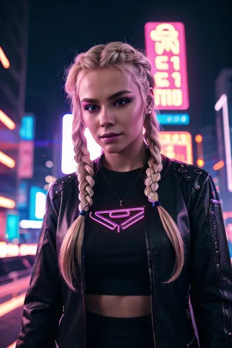 blond with braided hair, cyberpunk theme, hyper realistic, neon lights, futuristic night city, whole body in frame, whole body visible, night city surroundings, big background, cyberpunk clothes, 8k face