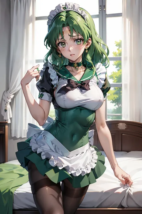 masutepiece, Best Quality, 1girl in, (Sailor Neptune),Green head hair, (Green eye:1.2),((maid clothes))、((pantyhose))、length hair、((embarassed expression))、((Bedroom))、((a miniskirt))、((Poses that emphasize breasts))